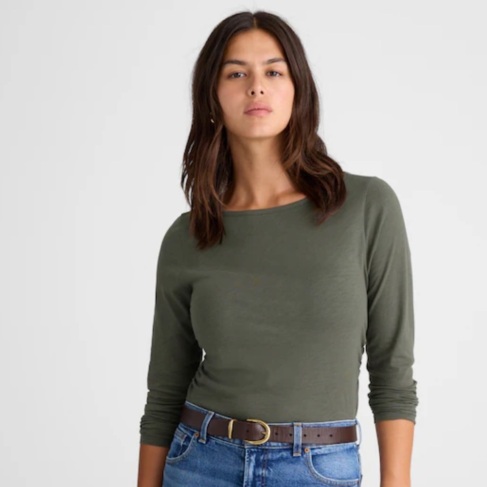 NWT Madewell Green Ruched Crewneck Long-Sleeve Tee in Soft Slub Size Small